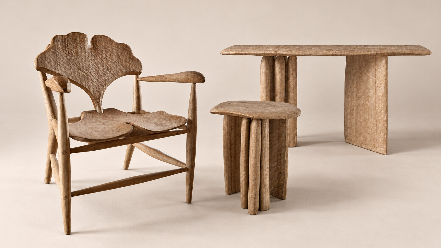 Ginkgo Lounge Chair, Carved Side Table and Carved Console Table in natural Australian eucalyptus